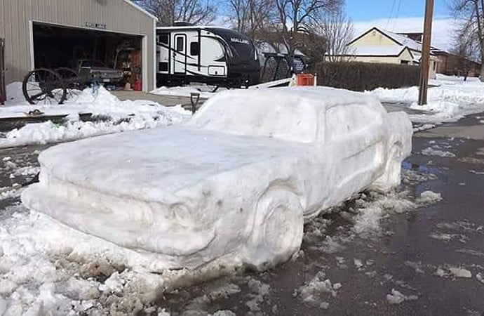 A Nebraska family has gone viral online after creating the #SnowPony, a Ford Mustang made entirely from snow. | Nebraska State Patrol photo