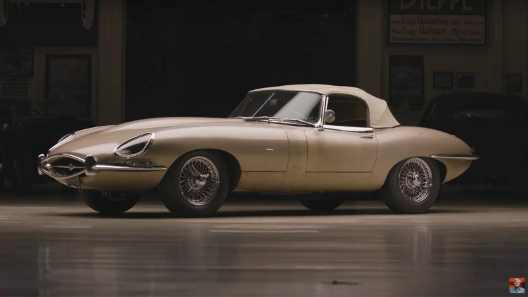 Jay Leno checks out a 1963 Jaguar E-Type barn find